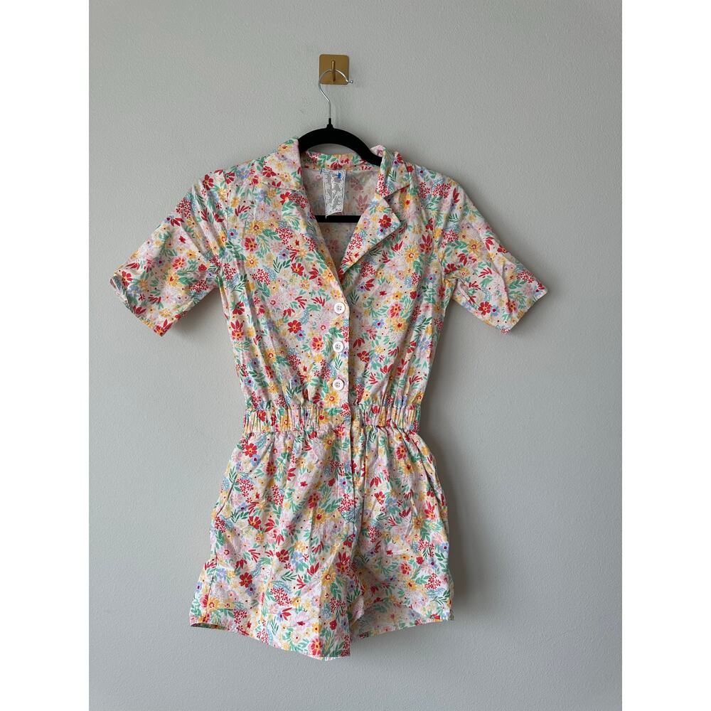Sadie & Sage Floral Cotton Blend Button Front Romper Shorts XS Cottagecore